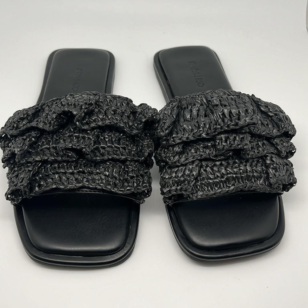 Farm Rio Ruffle‎ Black Crochet Casual Slide Flat Slip-on Sandals Size 7 - NEW
